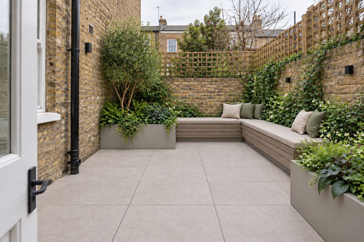 AI-generated proposed daytime view of an urban courtyard garden