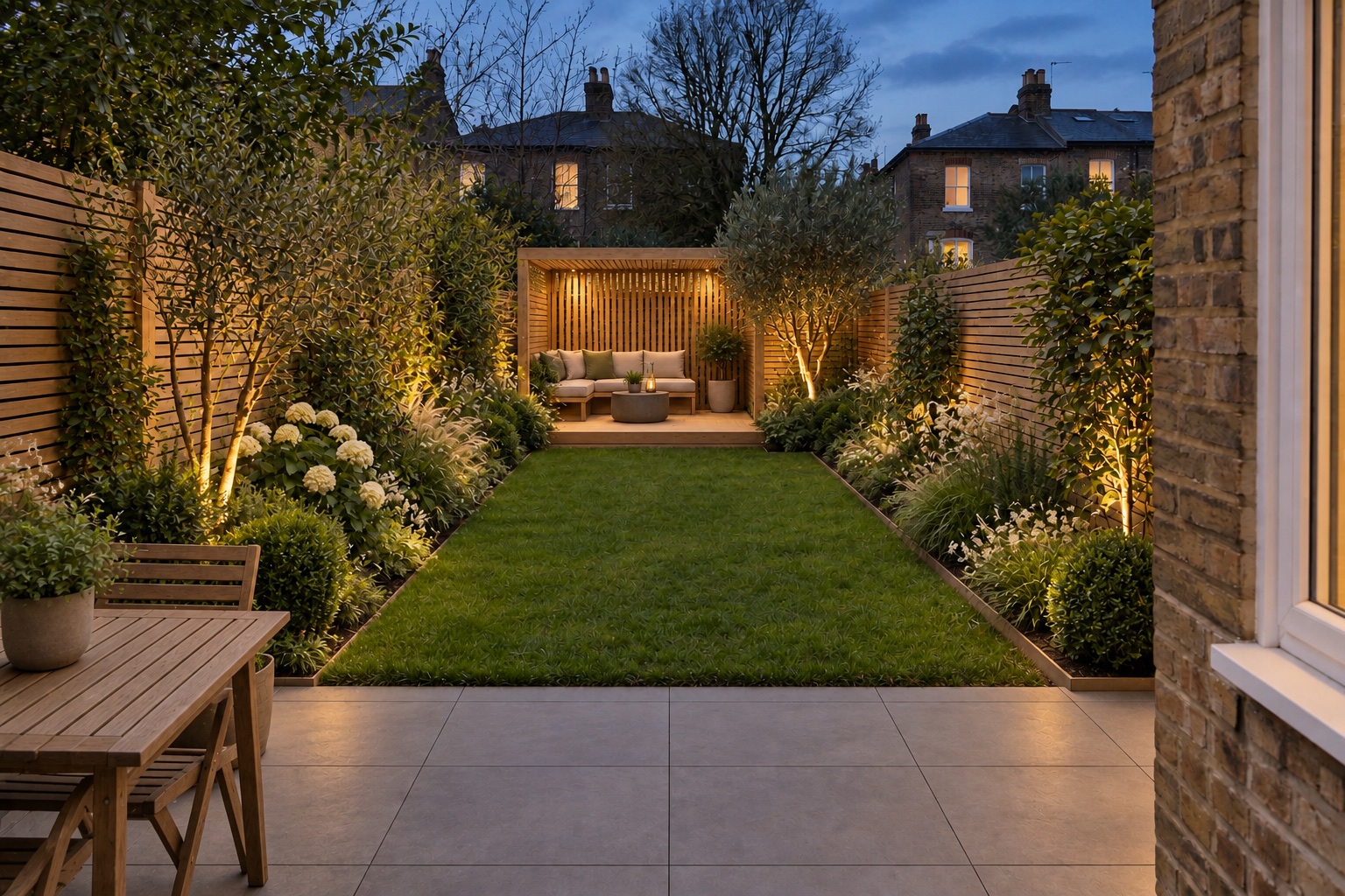 AI-generated proposed night view of a contemporary London terrace garden