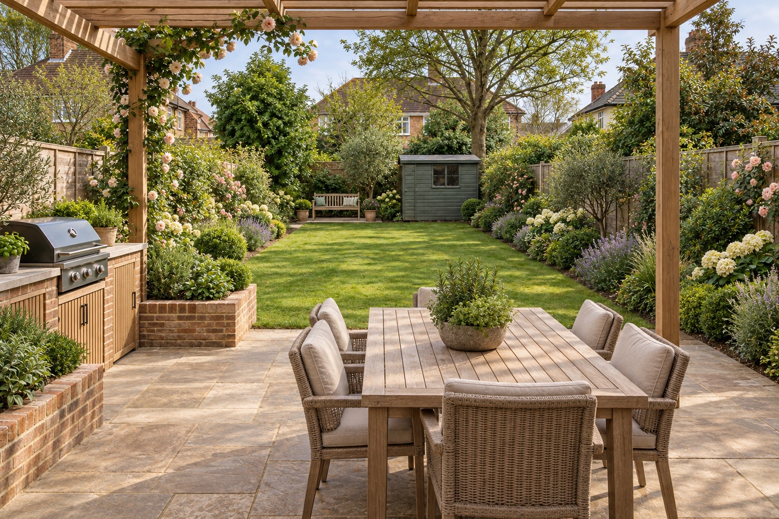 AI-generated proposed daytime entertainer's garden with built-in barbecue