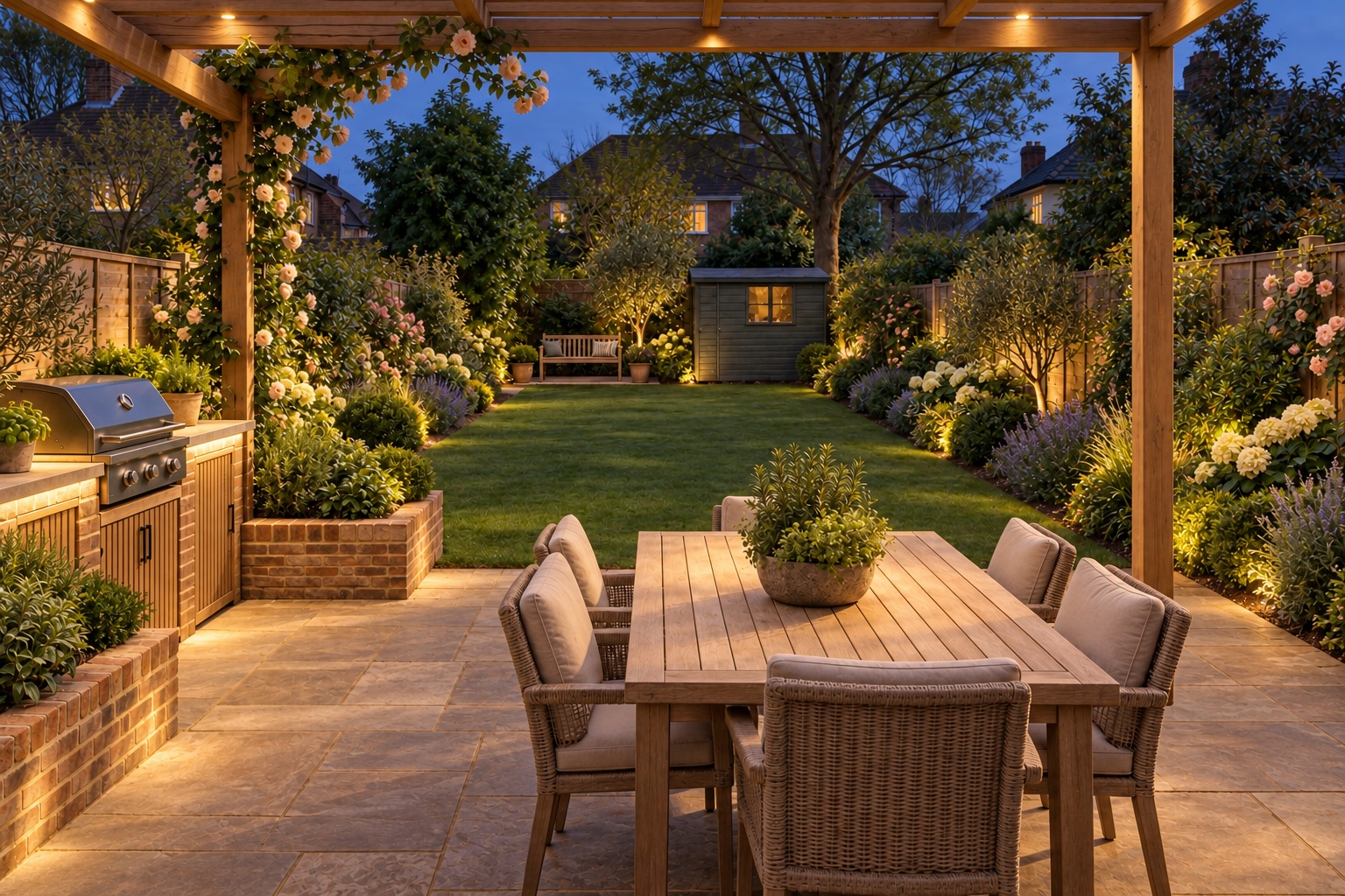 AI-generated proposed night view of an entertainer's garden with barbecue area