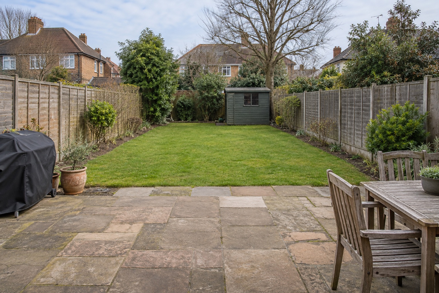 AI-generated starting-point study of a mature London suburban garden