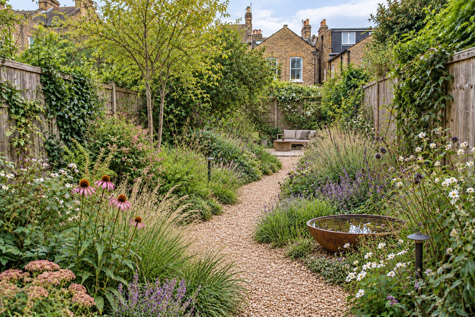 AI-generated proposed daytime view of a natural modern garden
