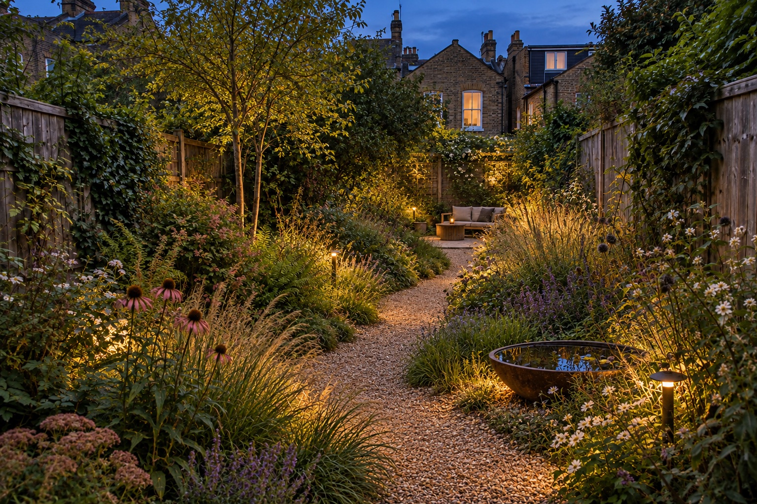 AI-generated proposed night view of a natural modern garden
