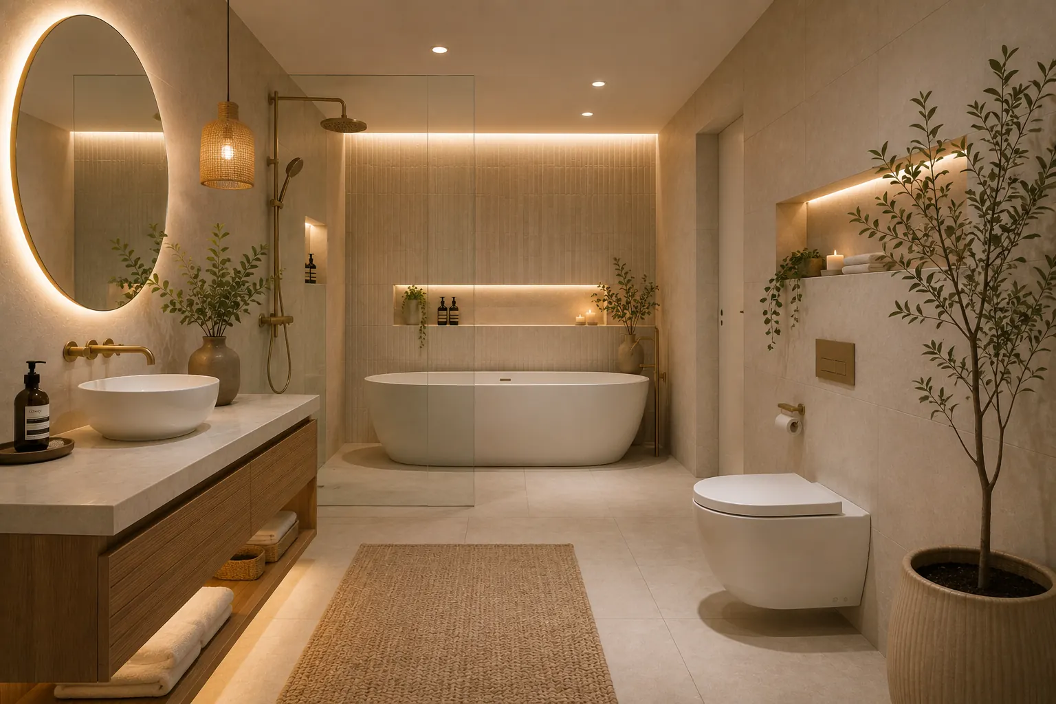 AI-generated warm spa bathroom concept